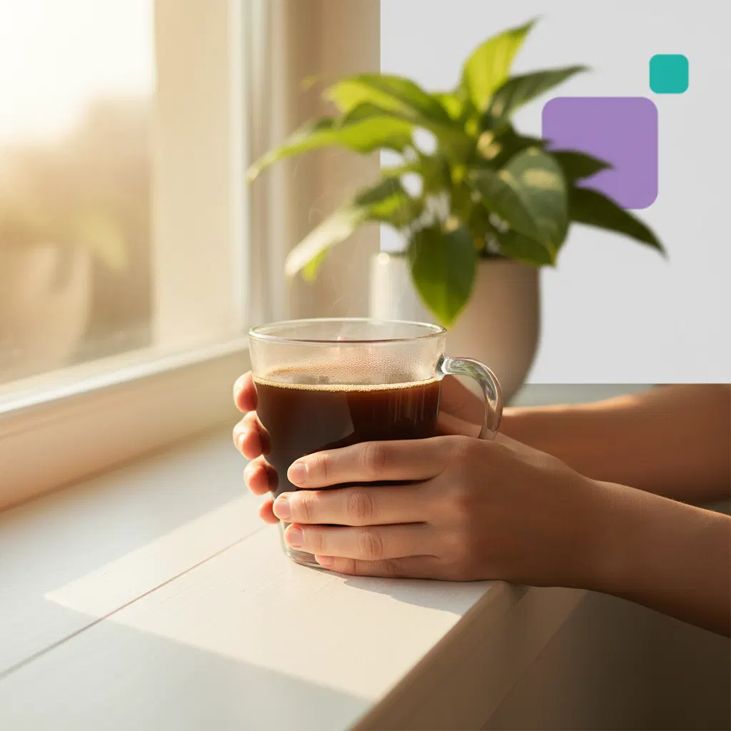 Hände (Handgelenk bis Fingerspitzen) halten ein Glaskaffeebecher am Fenster mit Grünpflanze im Hintergrund