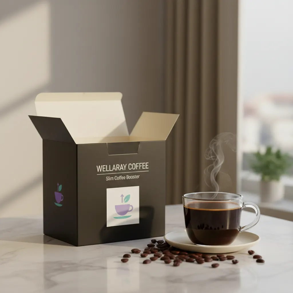 Wellaray Coffee Packung auf hellem Marmor neben Glaskaffeetasse und Kaffeebohnen